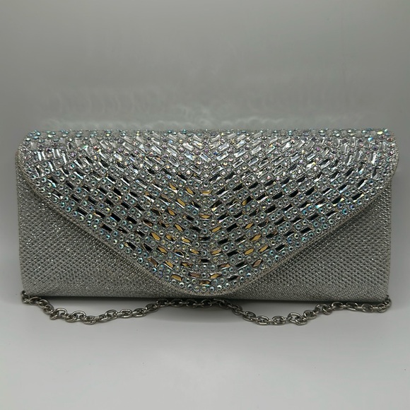 Silver rhinestone sparkling evening prom small clutch chain purse - Picture 2 of 9